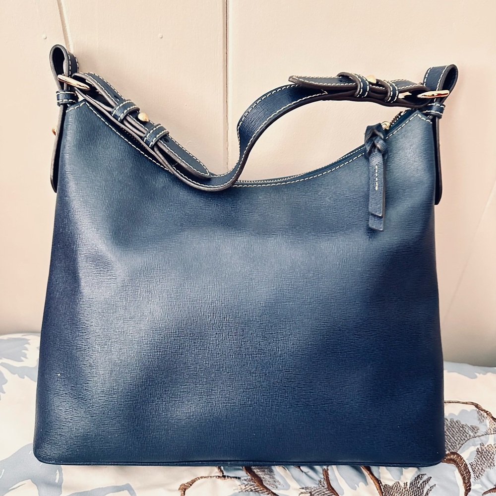 Dooney & Bourke Navy Leather Shoulder Bag with Gold Accents - Picture 3 of 11
